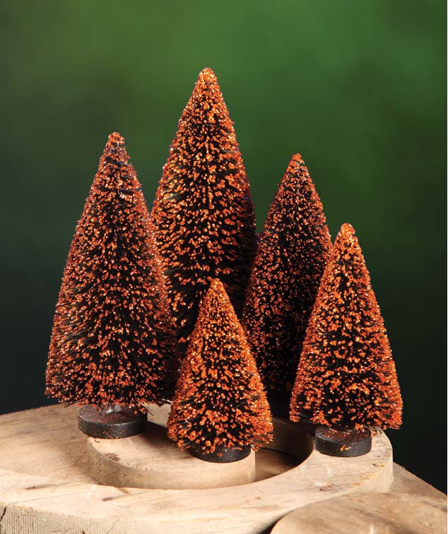 Black Bottle Brush Trees with Orange Glitter
