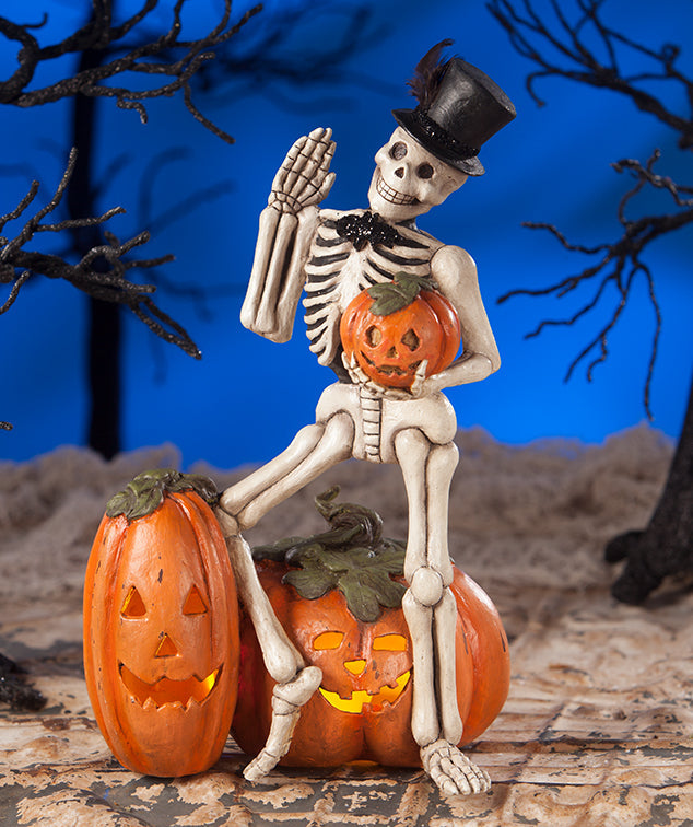 Waving Skeleton with Jack-O'-Lanterns