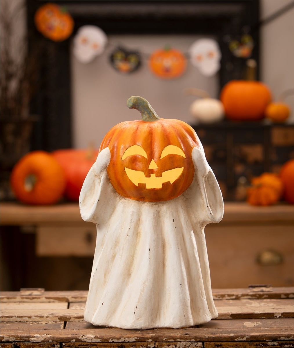 "Ghost Jack O'Lantern, paper mache"